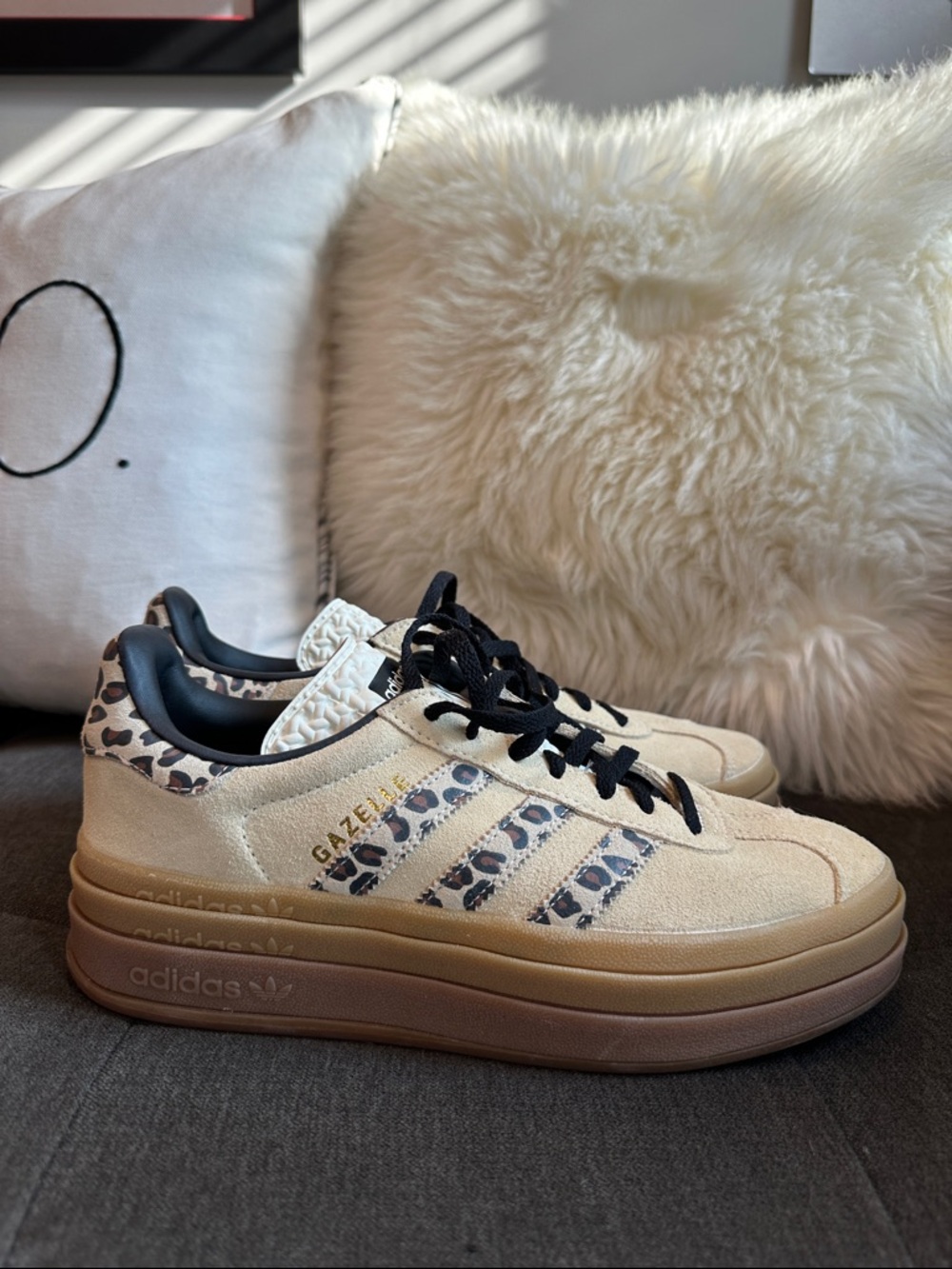 adidas Gazelle Platform Sneakers in Cream with Leopard Accents